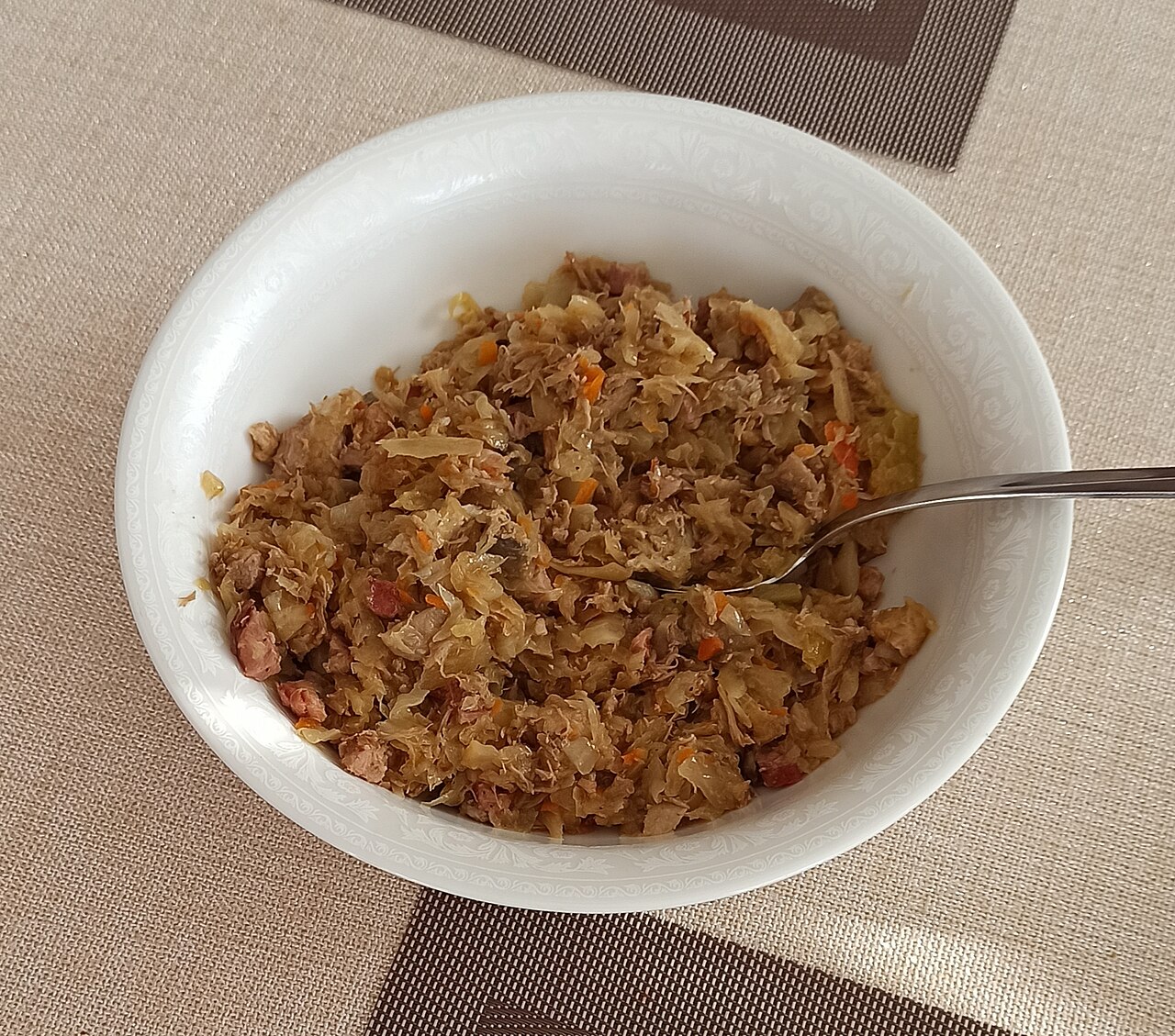 A bowl of bigos, the Polish hunter’s stew of sauerkraut and meat